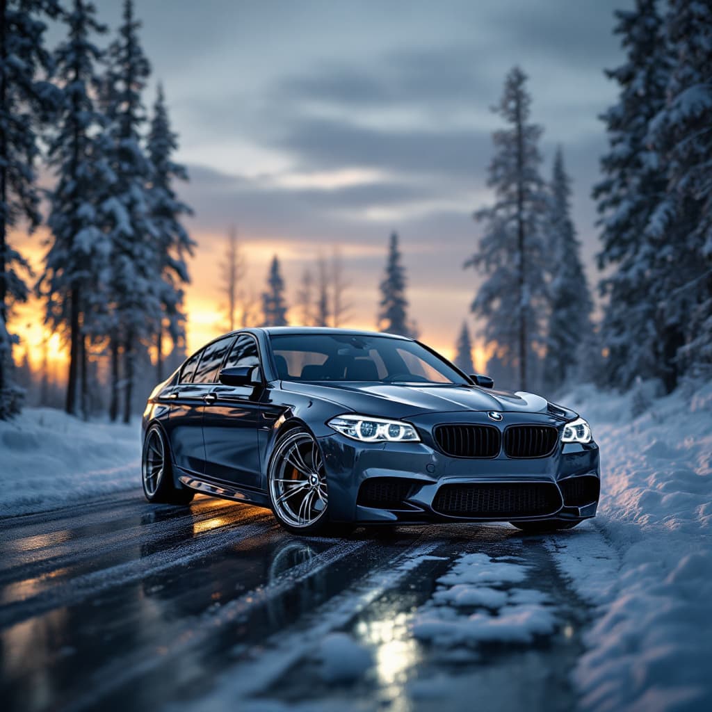 AI generated: Photo of a ultra realistic Dark Graphite Metallic BMW F10 535i M sport, brushed silver dual 5 spoke ...