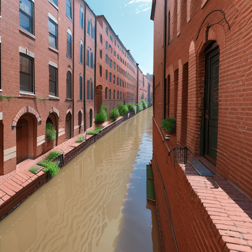AI generated: river without any pollution with housing borders with exposed brick facades 8k