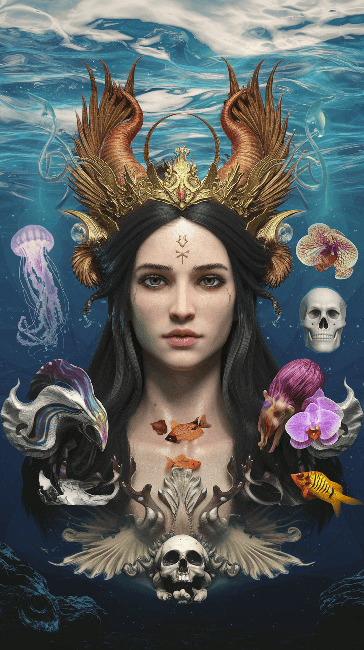 AI generated: Goddess close-up portrait ribcagel. jellyfish phoenix head, nautilus, orchid, skull, betta fish, bio...