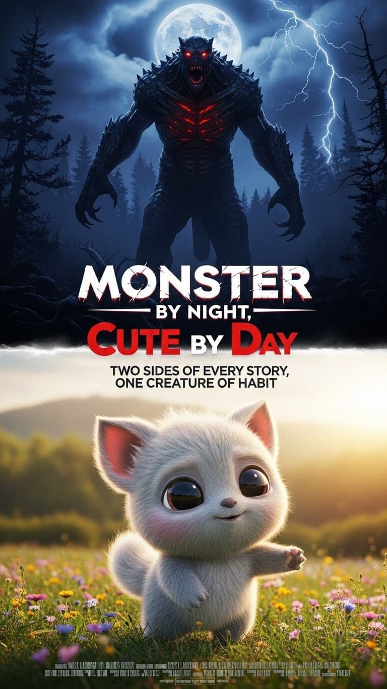 AI generated: a realistic "monster by night and cute by day movie poster"