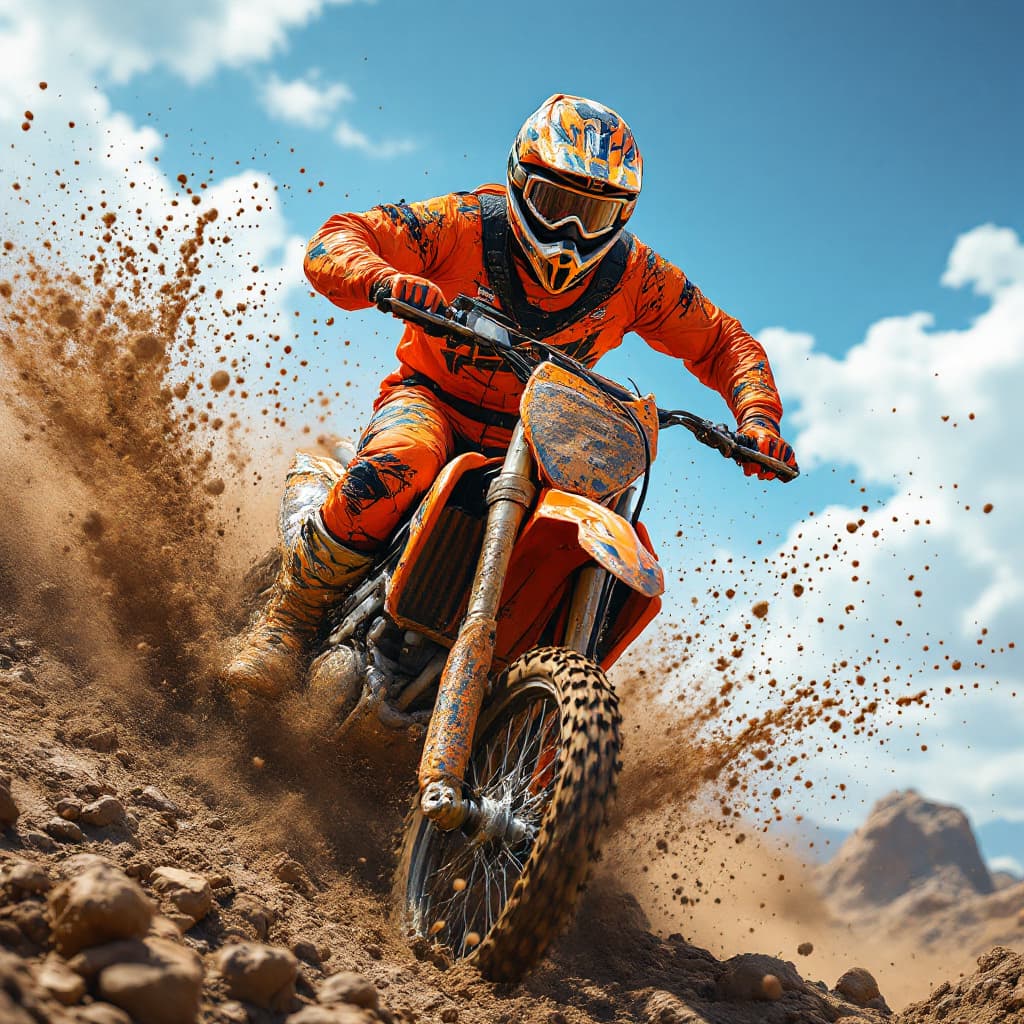 AI generated: Create a highly detailed and dynamic image of a motocross biker riding through a muddy terrain. The ...