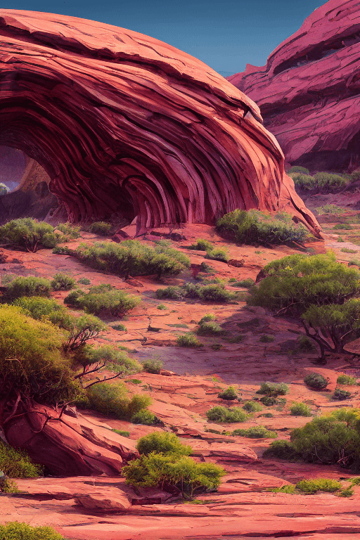 AI generated: beautiful utah desert, rock arcs, lush vegetation, landscape, alex ross, eddie mendoza, raphael laco...