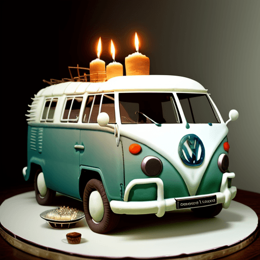 AI generated: a cake in the shape of an old volkswagen bulli, candles sticking in on the top