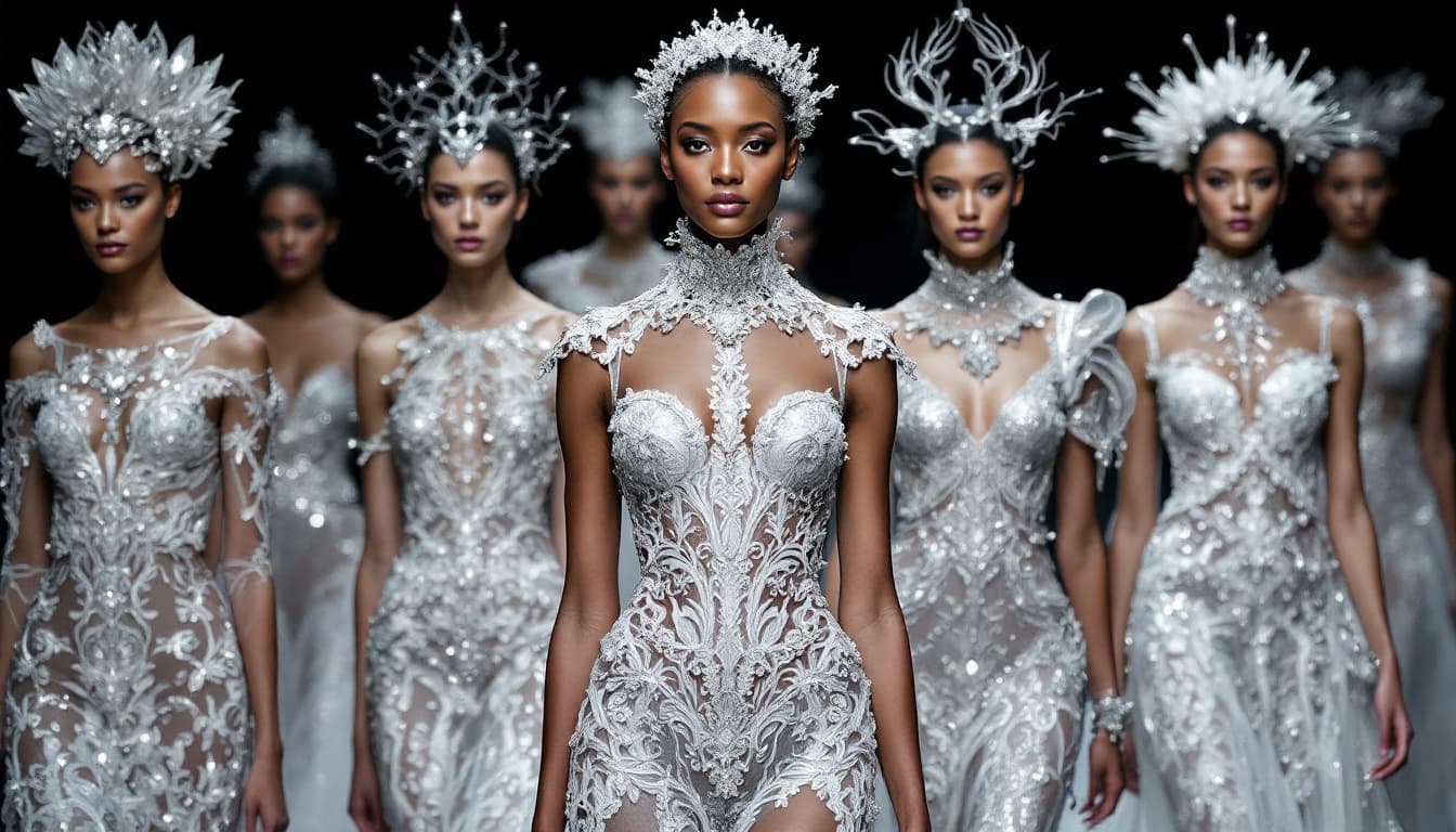 AI generated: Image is a high-fashion runway photograph featuring a group of models walking down the catwalk. The ...