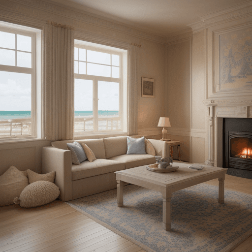AI generated: High resolution photography interior design, beige blue salmon pastel palette, interior design magaz...