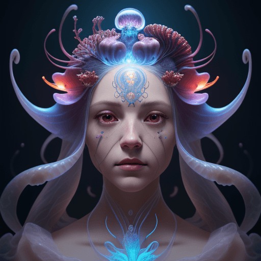 AI generated: Goddess close-up portrait ribcagel. jellyfish phoenix head, nautilus, orchid, skull, betta fish, bio...