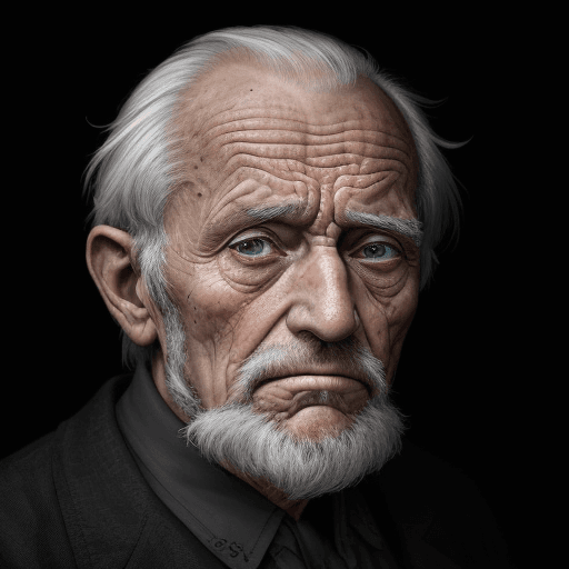 AI generated: An image of a very tired old man, black background settings, highly details The facial expression re...