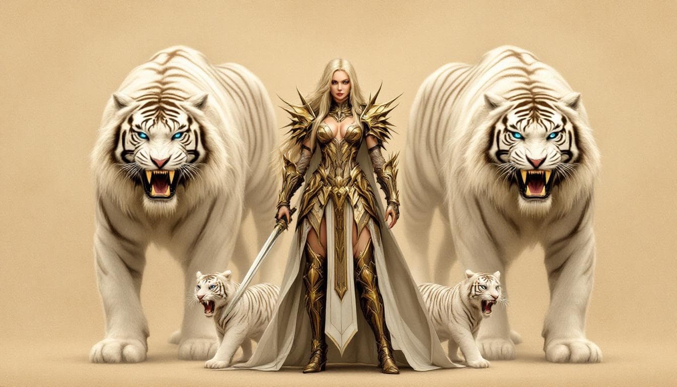 AI generated: Image is a fantasy digital artwork featuring a central female warrior figure flanked by two large, f...
