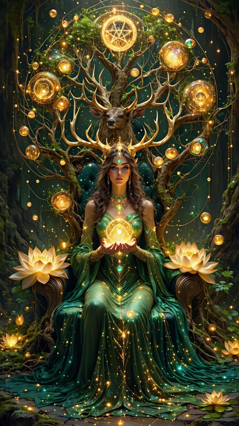 AI generated: A radiant queen reclines upon an **ornate throne woven from golden vines and cosmic flowers**, her p...