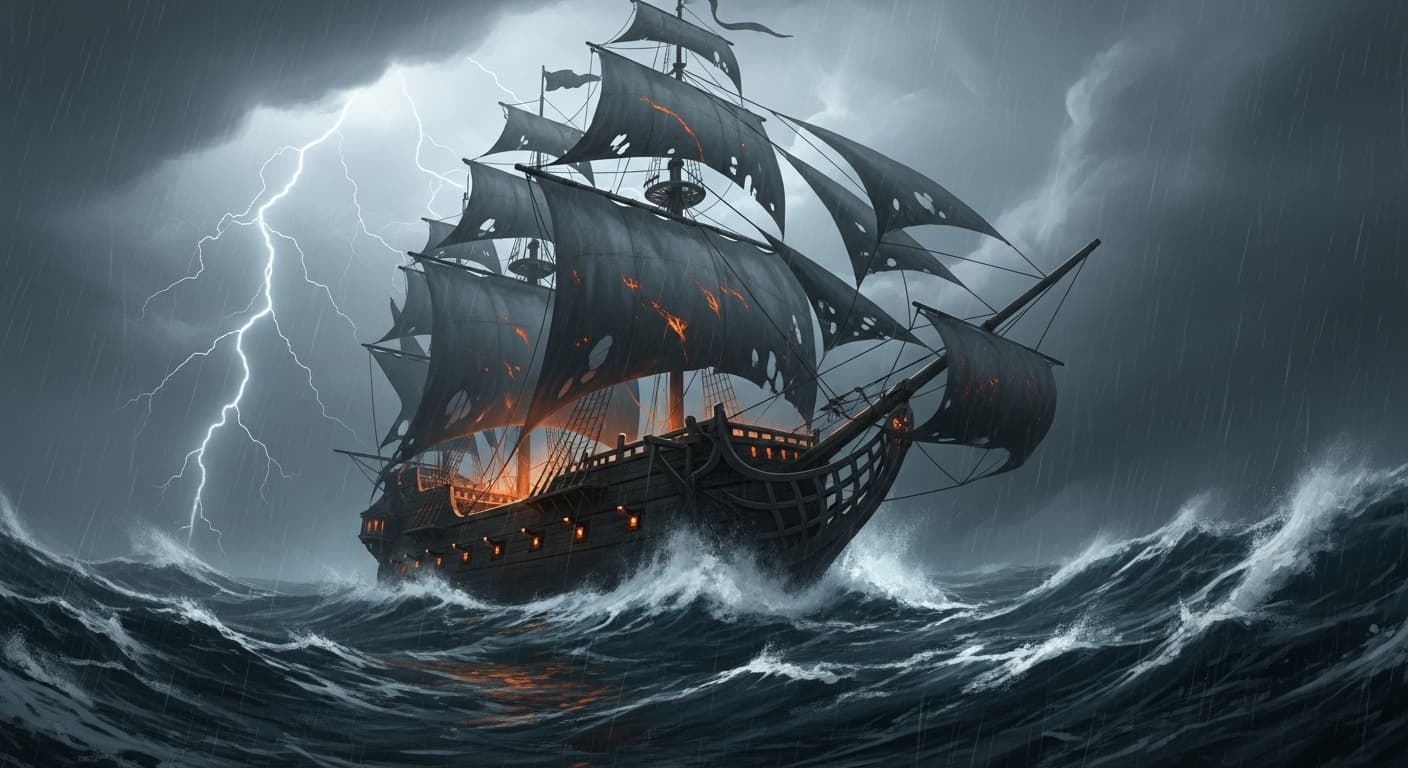 AI generated: Epic dark-fantasy scene of a cursed ghost galleon on violent storm seas, torn shadow-sails, eerie in...
