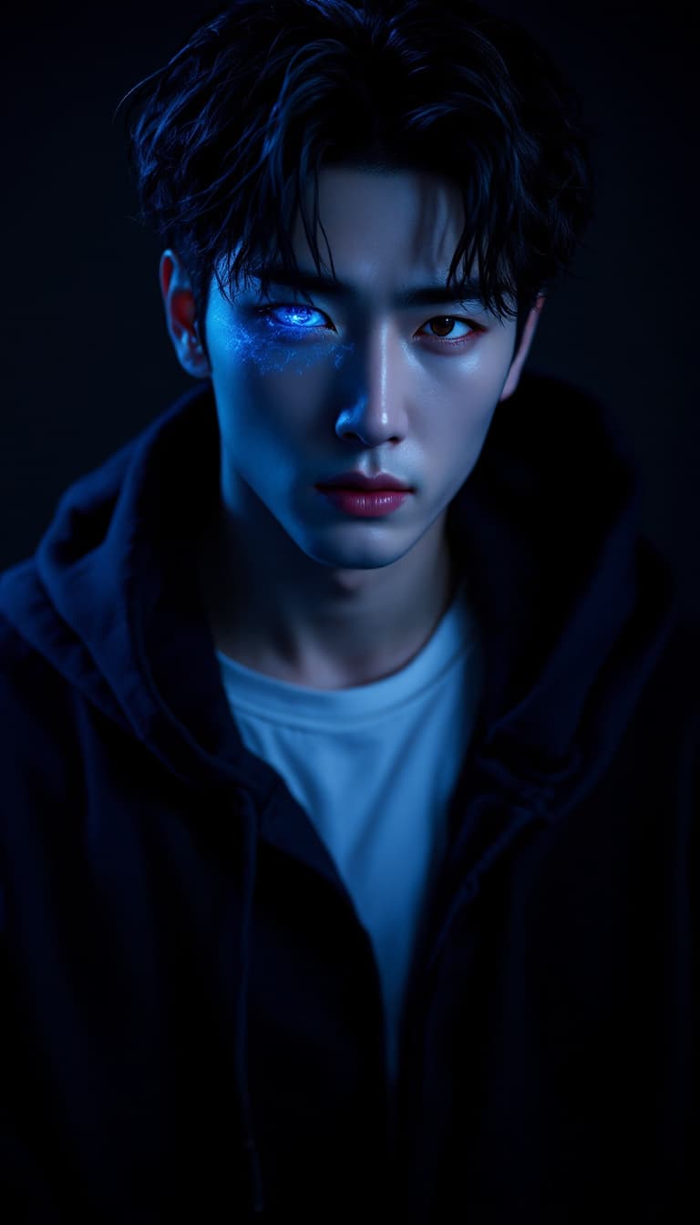 AI generated: A photo-realistic portrait of Sung Jin-Woo from Solo Leveling, looking intensely at the viewer with ...