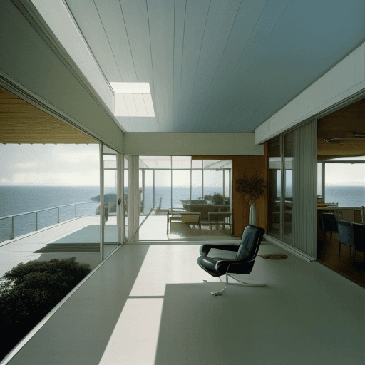 AI generated: Hyper realistic eye level exterior photo of a mid century modern style house overlooking the ocean, ...