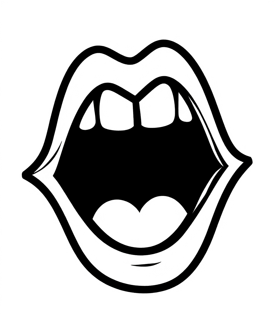 AI generated: A bold, simplified cartoon mouth viewed from the side, wide open as if about to eat something. The m...