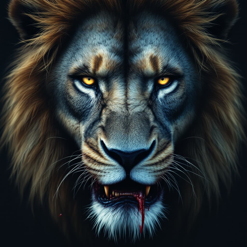 AI generated: realistic color palette, depicting a close up portrait of a lion, half turned into a zombie, flesh e...