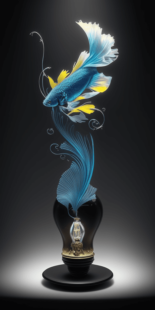 AI generated: (4k 4d rfktrstyle A delicate light bulb has Blue and Yellow Crown Tail Siamese fighting fish swimmin...
