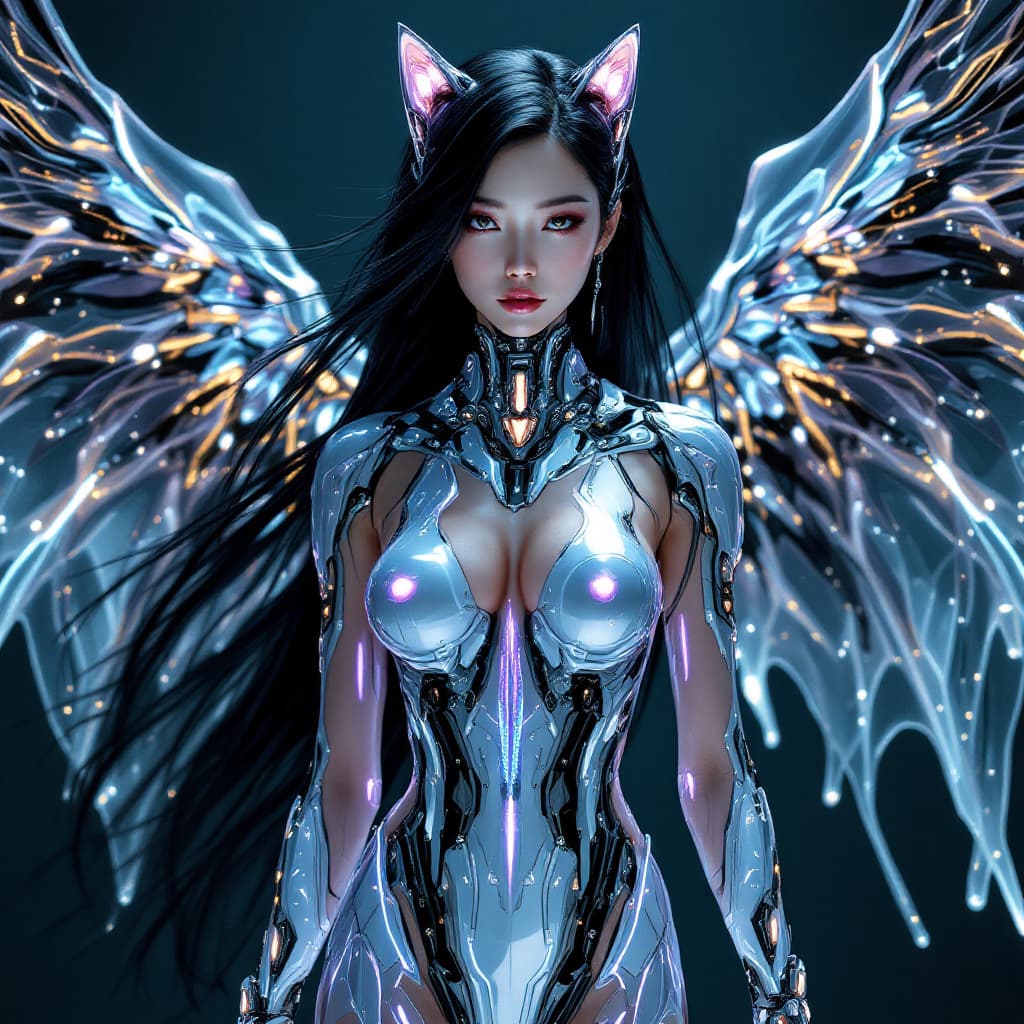 AI generated: A stunningly beautiful full-body cybernetic Asian woman with long, sleek black hair flowing in the w...