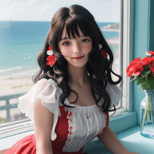 AI generated: A girl with a little red riding hood, flowing curly bangs, anime style, flowers on the windowsill on...