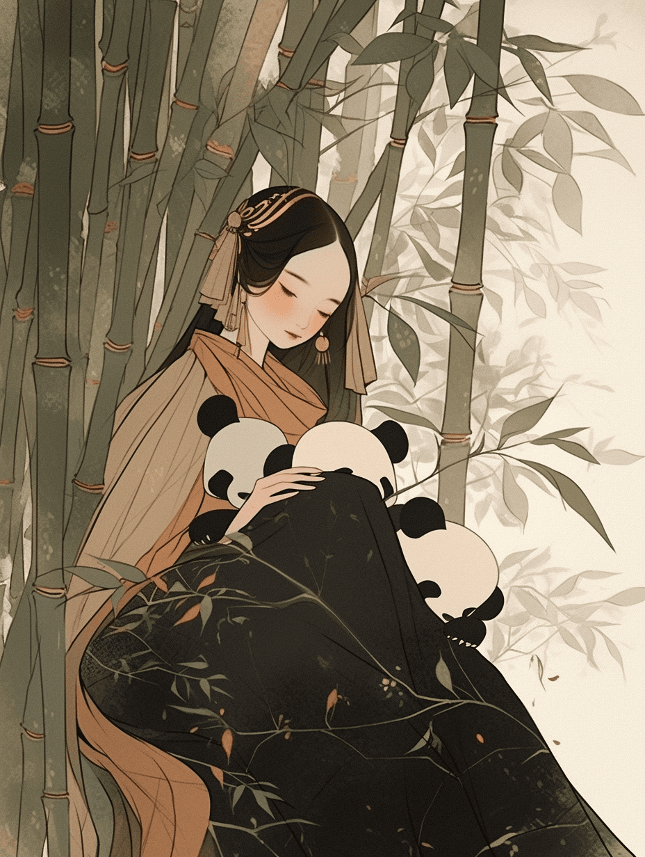 AI generated: Ancient China, Tang Dynasty 800-year old graceful and wise girl, serene eyes, contemplative and sere...