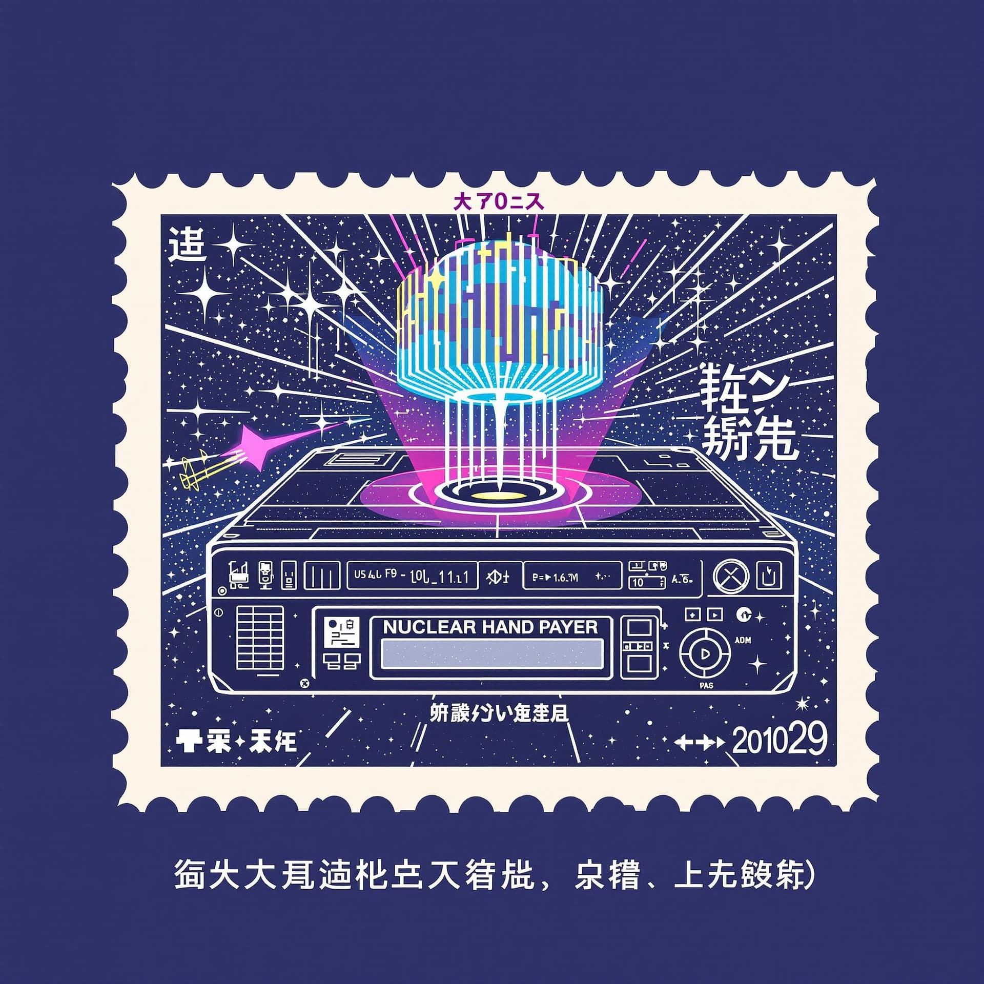 AI generated: stamp style, retro VCR player for mystical future laser solid state hard drive hardware, quantum com...