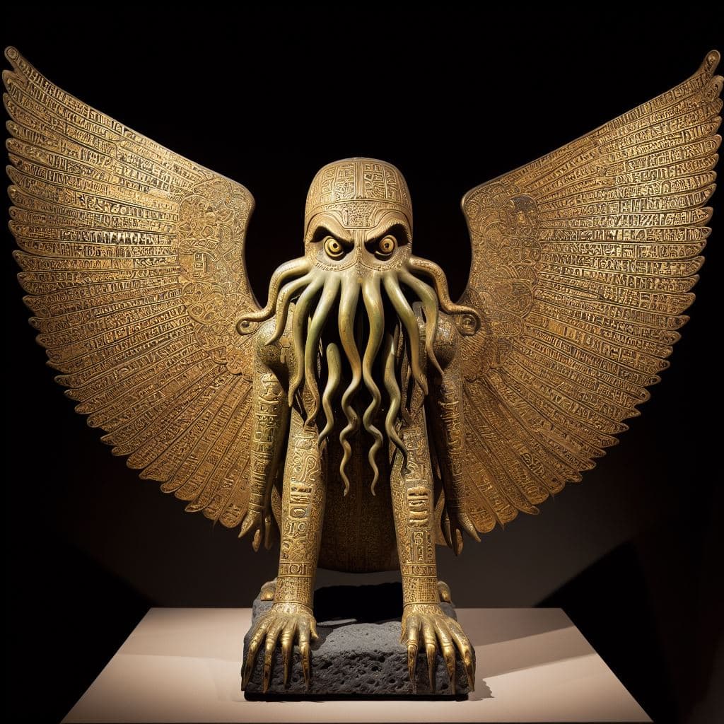 AI generated: barbaric and primitive Cthulhu idol with gold filigree, cuniform writing, sumerian, tentacled, wings...