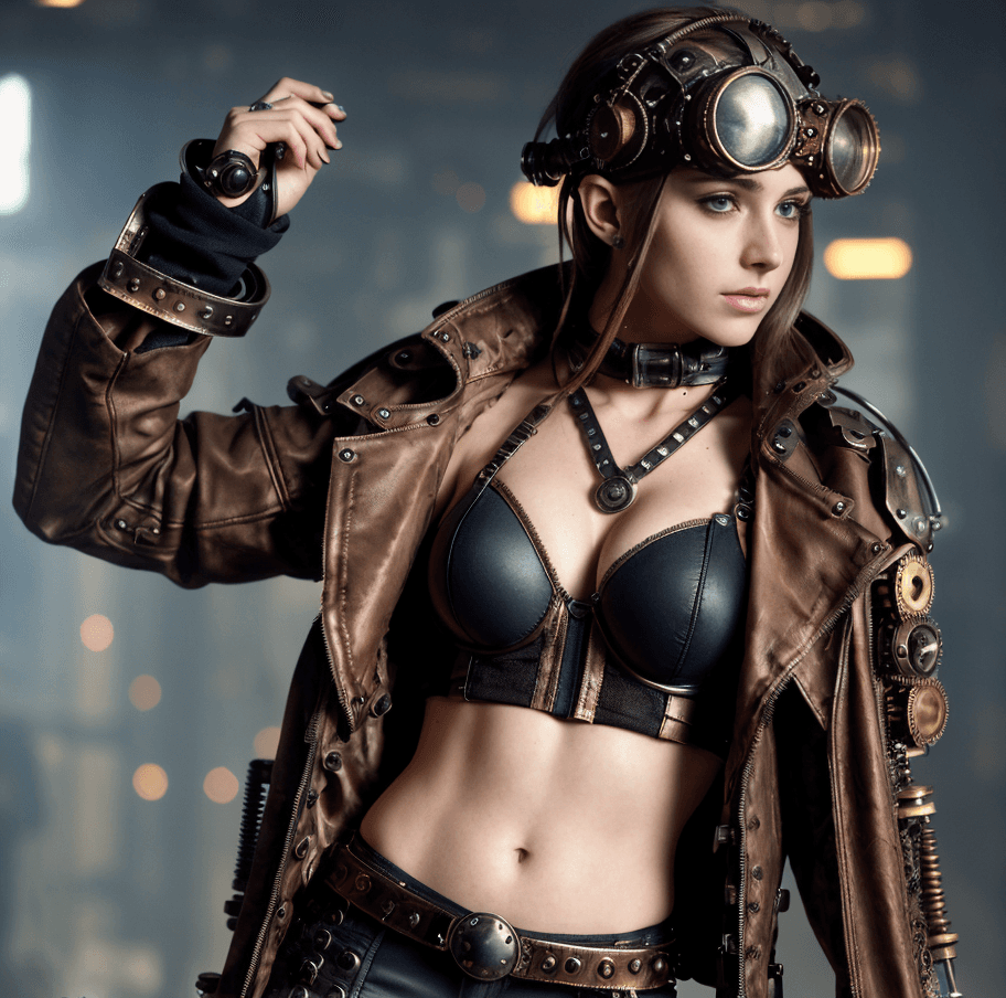 AI generated: <lora:SteamPunkMachineryv2:0. 3> SteamPunk a close up portrait of a abs, small breasts, man, cyberpu...
