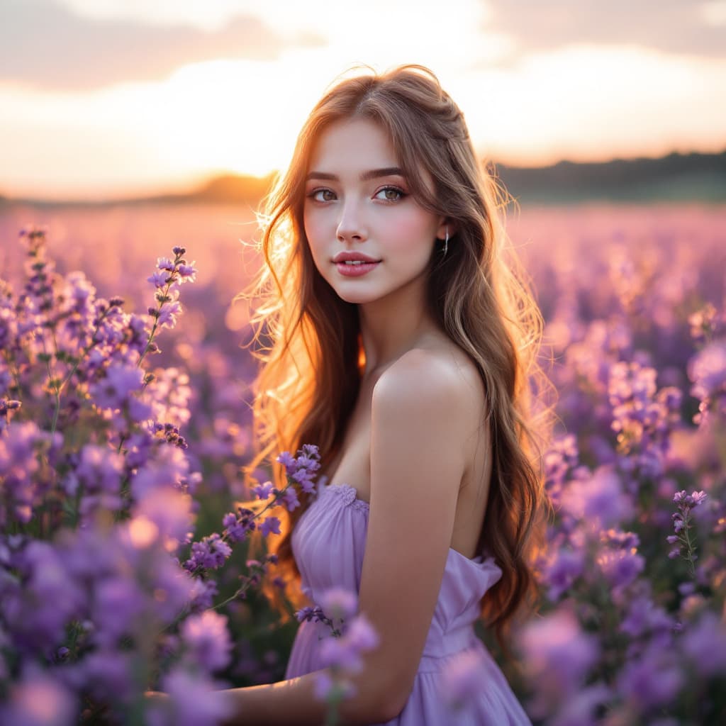 AI generated: A beautiful girl in a lavender dress, in the middle of a field full of purple flowers, with sunset l...