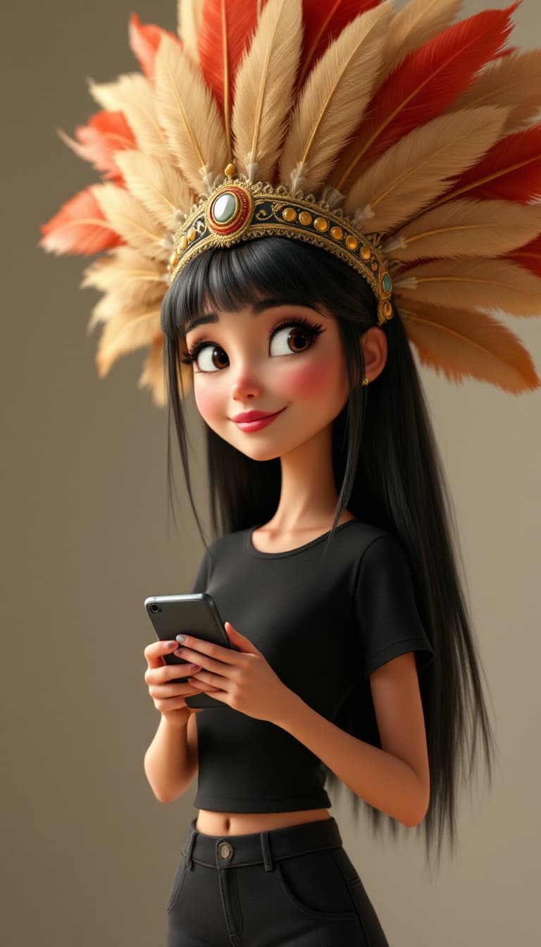 AI generated: A Disney Pixar 3D digital artwork of a charming and cute woman with long straight black hair combed ...