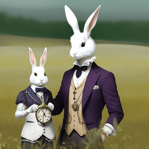 AI generated: White rabbit in the waistcoat with pocket watch in the meadow 