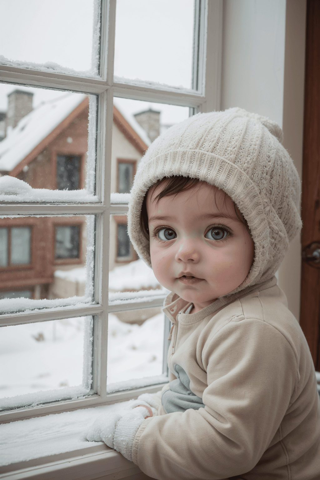 AI generated: (masterpiece, best quality), intricate details, photo of a cute baby, (Inside a house), looking thro...