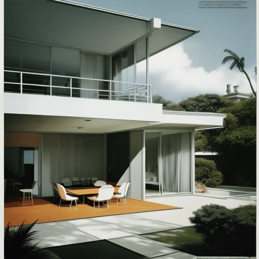 AI generated: Hyper realistic eye level exterior photo of a mid century modern style house overlooking the ocean, ...