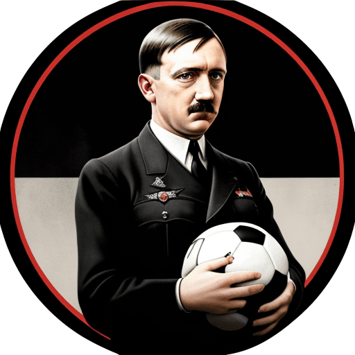 AI generated: Portrait of adolf hitler holding a soccer ball in color. Show the full soccer ball held centrally wi...