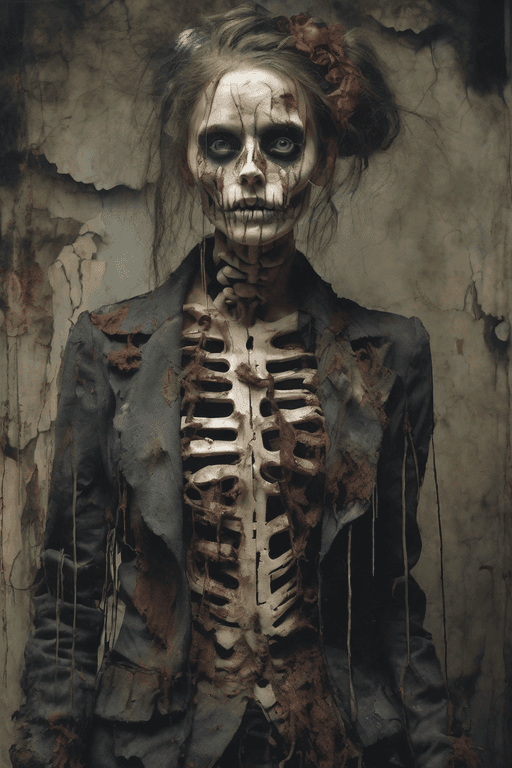 AI generated: Woman,half Skeleton,rotten flesh, uhd photorealisitc authentic psychotic angry madman wearing  damag...
