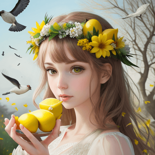 AI generated: flower crown, lemons and birds