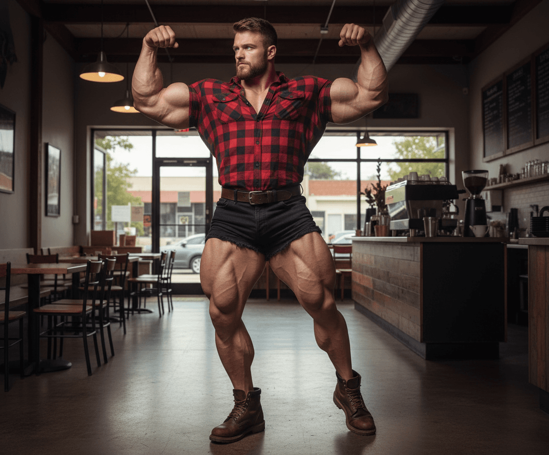 AI generated: At a coffee shop with no customers, the bodybuilder is 6'4" tall, he has huge muscular shoulders and...