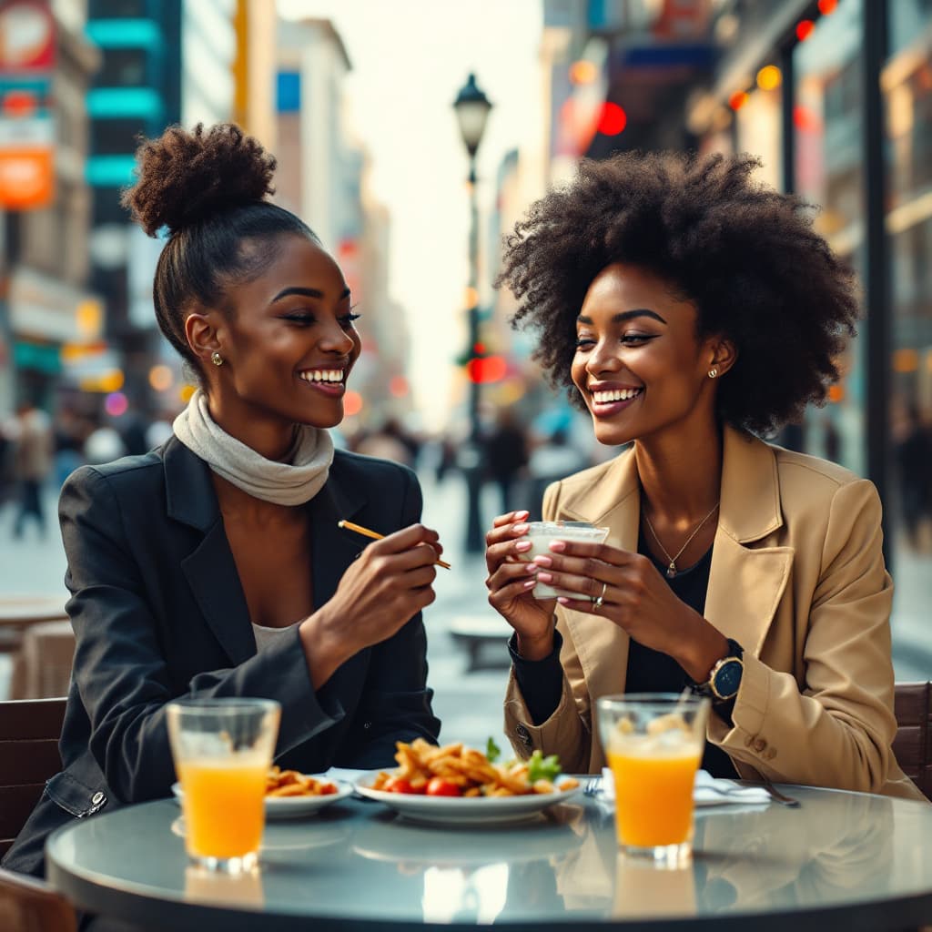 AI generated: Two modern black women having lunch in the heart of a bustling city
