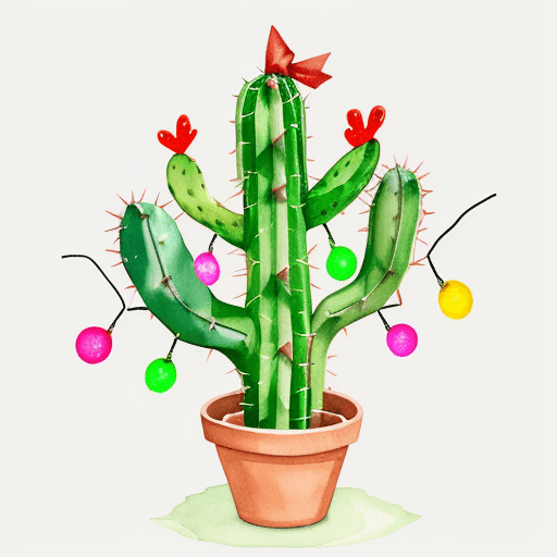 AI generated: Cactus in watercolour with christmas lights, minimalist 
