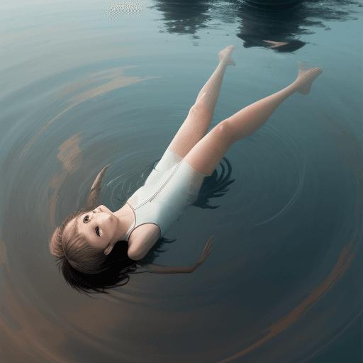 AI generated: a girl floating above the water with her reflection in the water