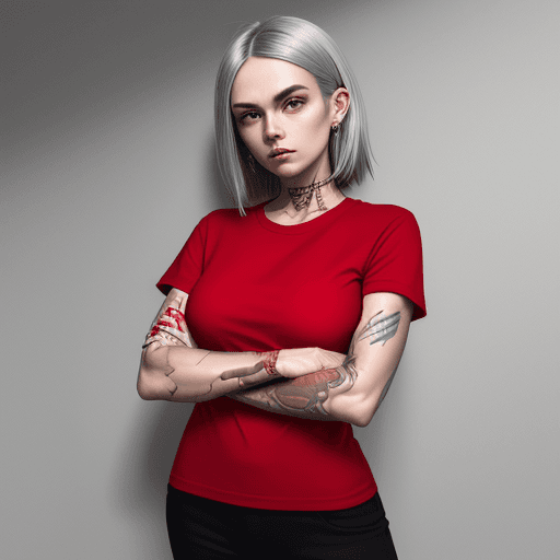 AI generated: a woman in red shirt with her arms folded against , in the style of tattoo, normcore, dark silver an...