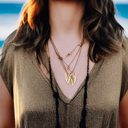AI generated: A close-up shot of a woman at sunset by the ocean, wearing a black V-neck dress and a gold necklace ...