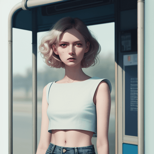 AI generated: a woman wearing a cropped top and jeans standing in front of the bus stop, in the style of Oleg Opri...