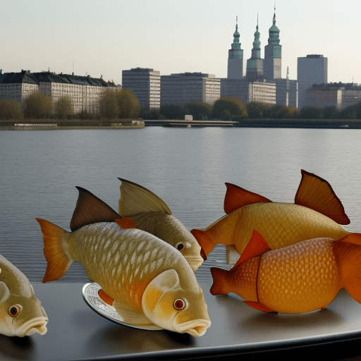 AI generated: a few crucian carps with human faces are eating shit from silver plates, Warsaw skyline in the backg...