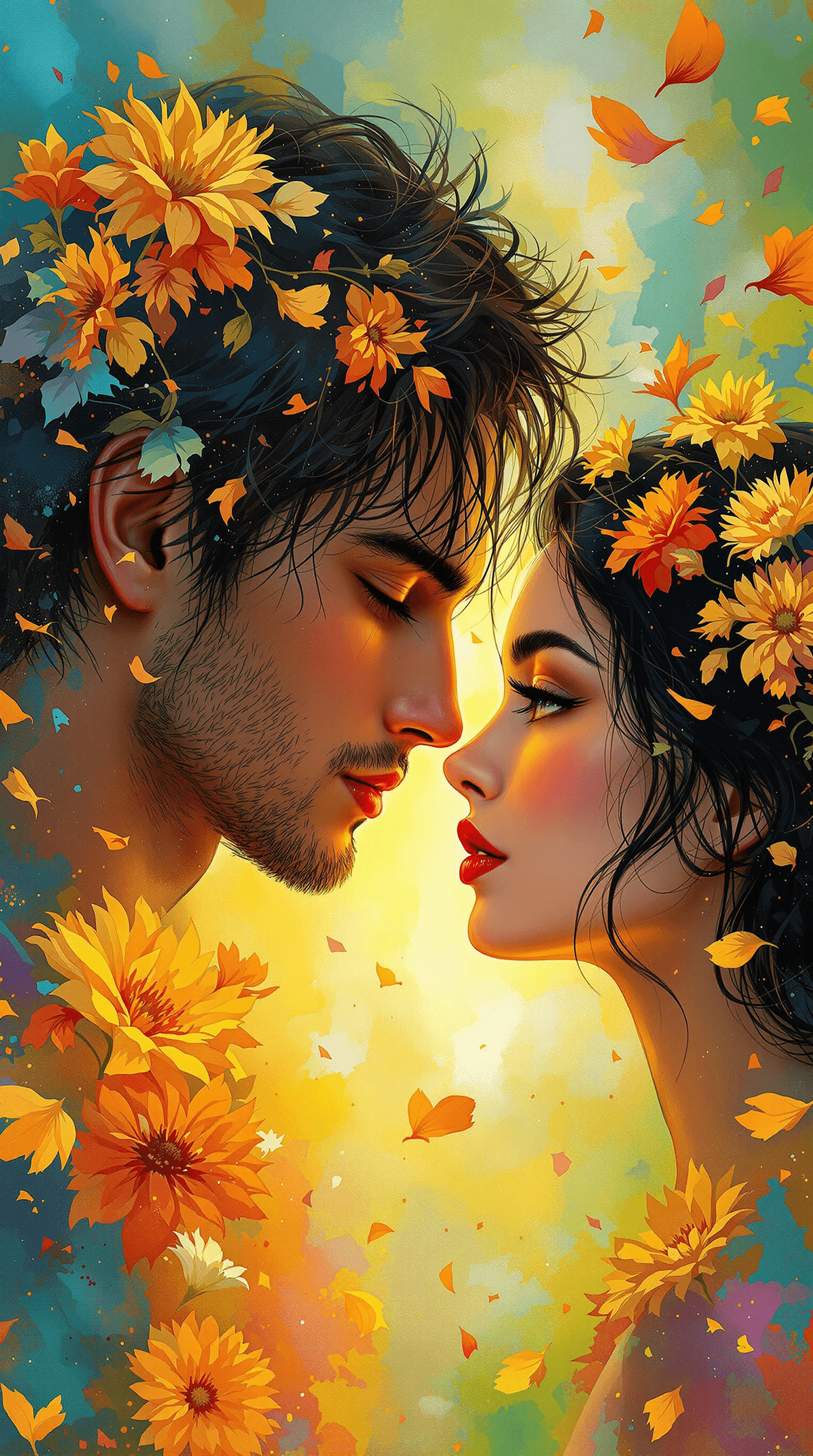 AI generated: A mesmerizing, painterly-style romantic portrait of a young couple standing face-to-face, their eyes...