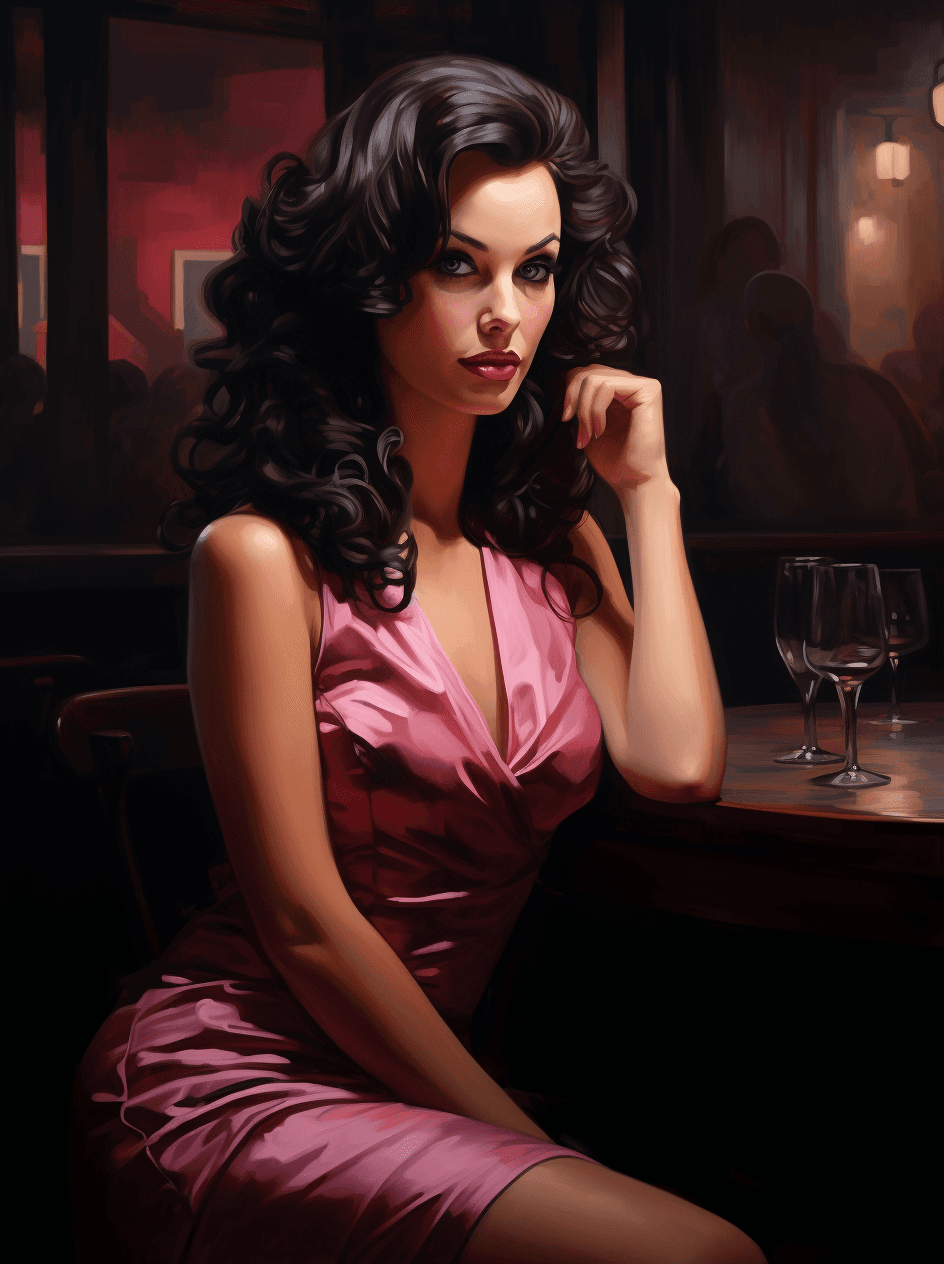 AI generated: a classic painting of a women, in the style of glamorous pin-ups, dark pink and light beige, animate...