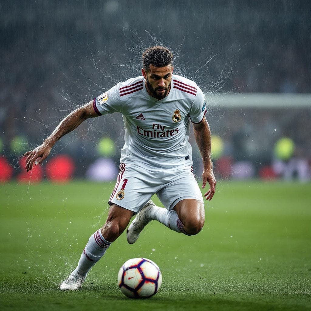 AI generated: Hombre araña jugando un partido de futbol en contra del real madrid, en un dia lluvioso.