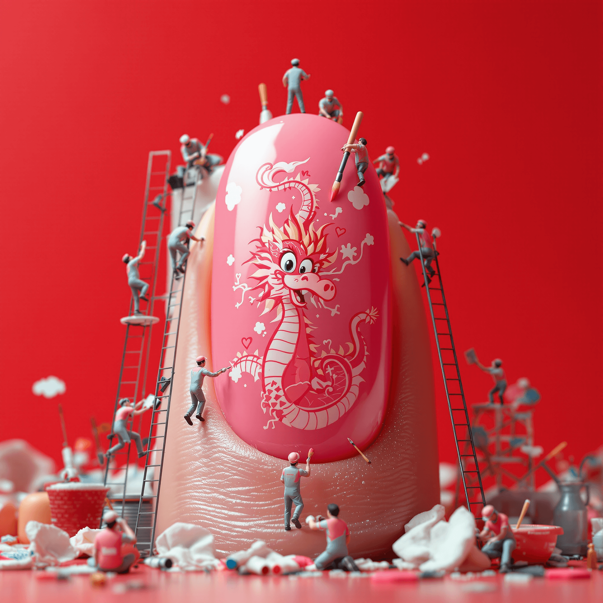 AI generated: Tiny miniature workers in uniforms are painting and drawing cute cartoon pink dragon on the fingerna...