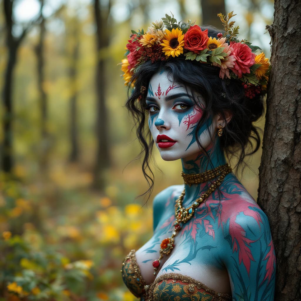 AI generated:  female outdoor, bodypainted in woodstock