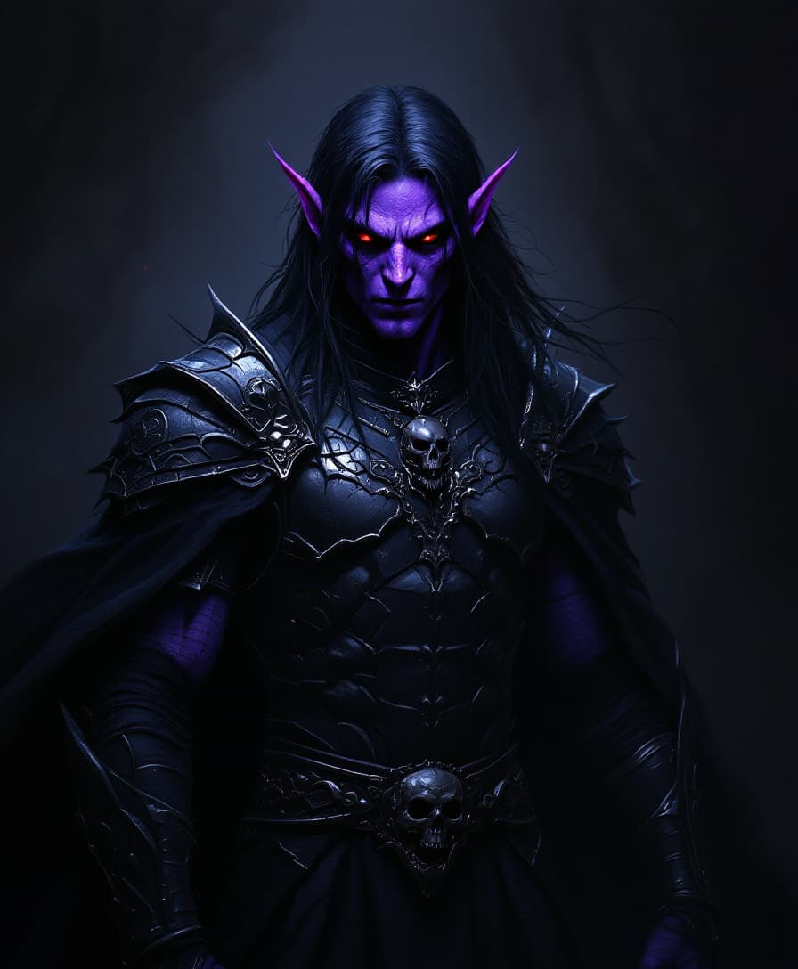 AI generated: Envision a full body portrait of a Male purplish-skinned demon,piercing red eyes with facial feature...