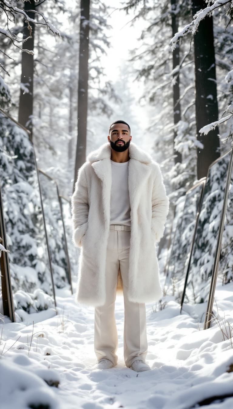 AI generated: A 30-year-old realistic  man height 5'8 stands in a serene forest blanketed in snow, surrounded by t...