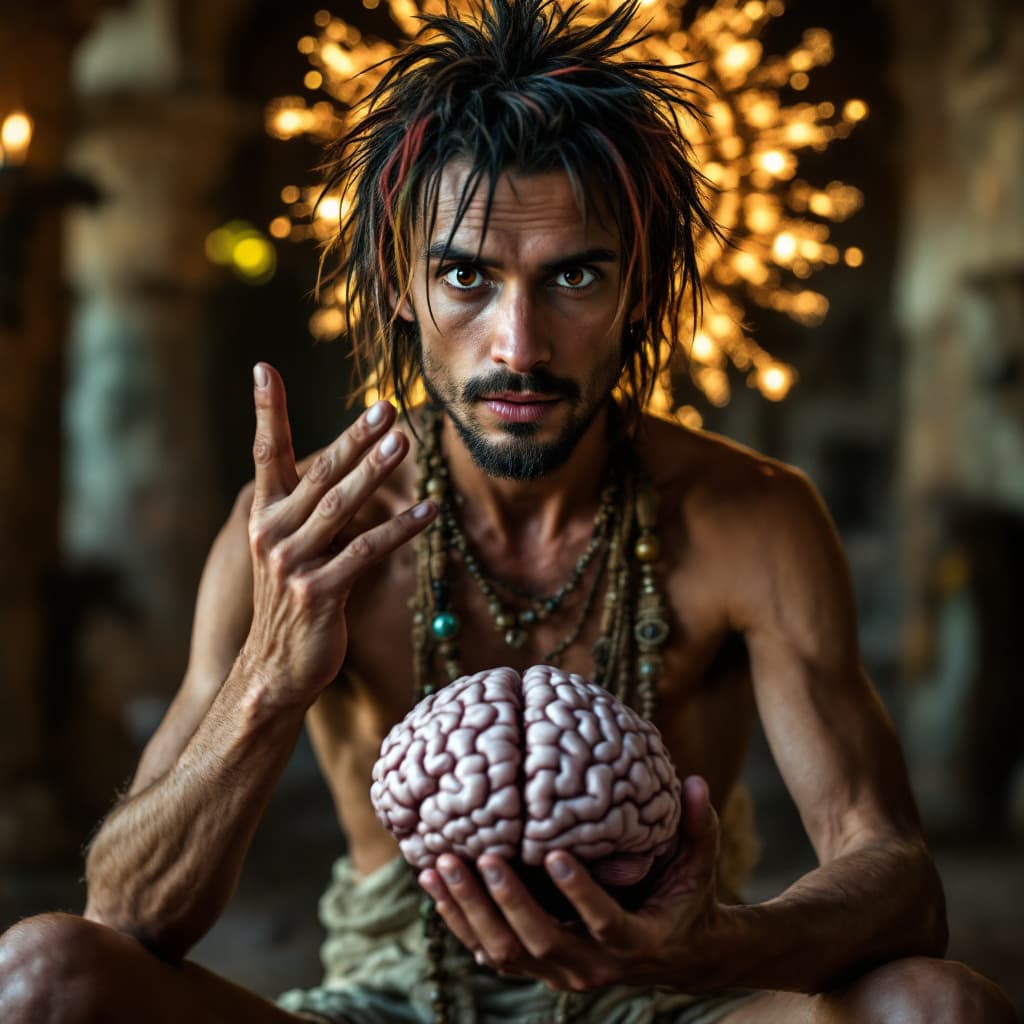 AI generated: very skinny guy easily removes his brain and presents it proudly to the camera , in a monastery, wea...