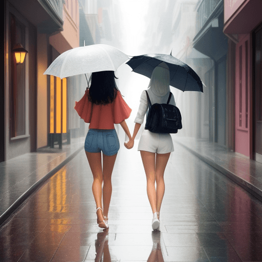 AI generated: A very white girl holding an umbrella and a tanned girl walking together without an umbrella